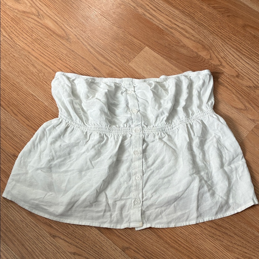 White Strapless Button Down‎ Smocked Empire Waist Peplum Tube Top